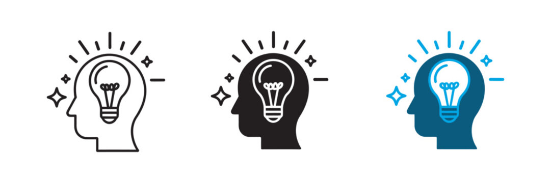 Creative idea icon set, human head with glowing light bulb, innovation intelligence problem solving bright spark ideas, web app icons vector
