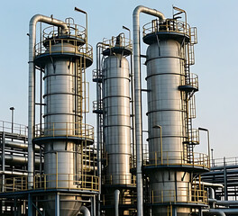 Obraz premium refinery distillation columns with pipes and ladders visible under daylight, realistic industrial feel