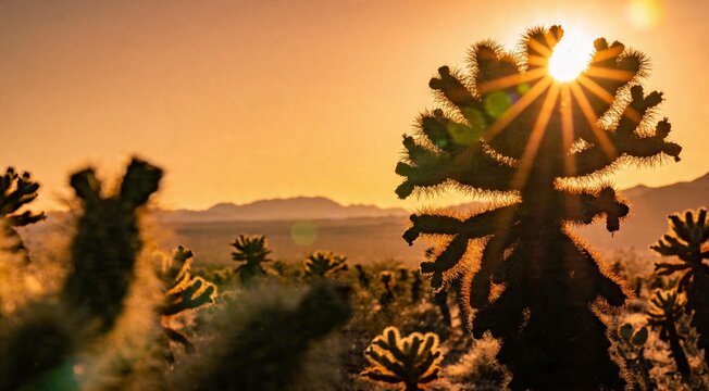 Golden desert sunset with jumping cholla cactus silhouette and sunburst