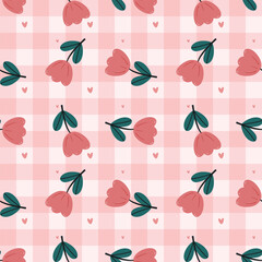 seamless pattern hand drawn cartoon tulip flower. cute flower background with checkered style wallpaper ©  ndaofi