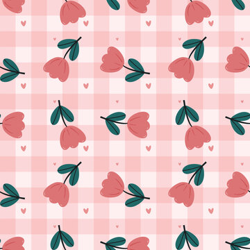 seamless pattern hand drawn cartoon tulip flower. cute flower background with checkered style wallpaper