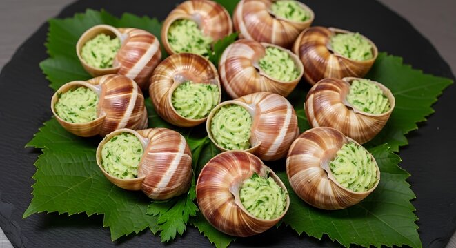 Delicious french escargots de bourgogne with garlic herb butter served on green leaves on a dark slate plate
