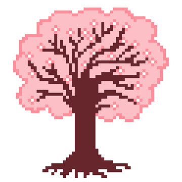Pink cherry blossom sakura tree pixel art nature graphic