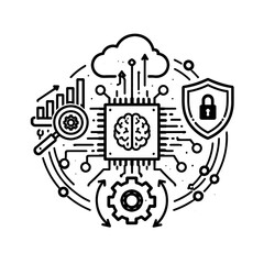 Obraz premium Abstract representation of artificial intelligence with a brain-like chip, gears, cloud, shield, and analytics graph, symbolizing technological innovation and data processing