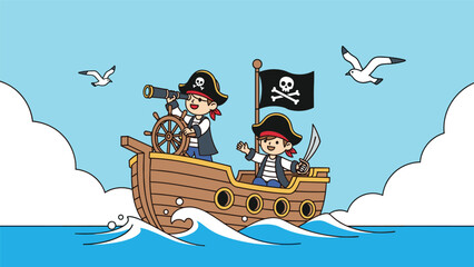 Naklejka premium Two adventurous pirate boys are happily sailing on a wooden ship with a skull flag, exploring the open sea with seagulls.
