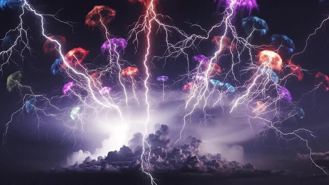 Aerial drone footage of abstract lightning sprites dancing around a country manor at night