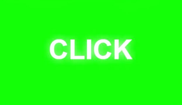 Animated white click text overlay button design featuring three repeating words isolated on a bright chroma key green screen background for digital video editing