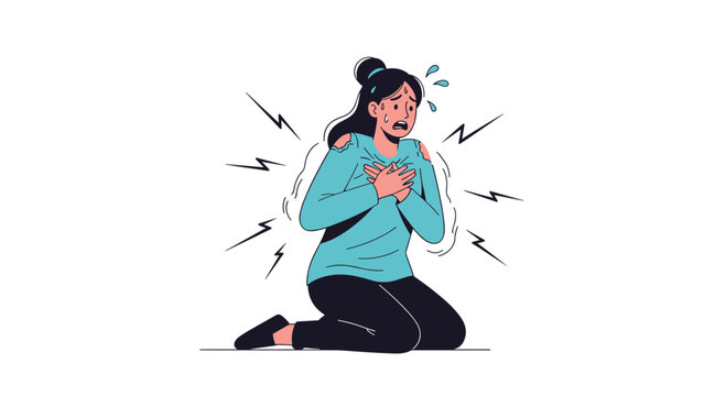 Woman clutching her chest in pain with visible lightning bolts, depicting a heart attack or severe chest pain.