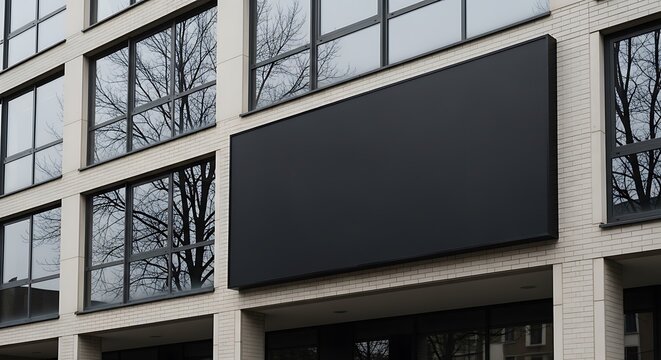 A large black billboard on the side of a white brick building with many windows