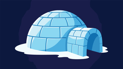 Atmospheric cartoon illustration of a single igloo, constructed from ice blocks, standing resiliently in a snowy landscape against a dark blue background, evoking Arctic themes. © Ryan