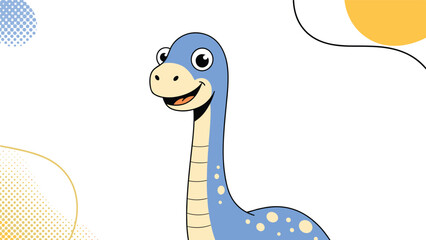 Friendly cartoon illustration of a cheerful brontosaurus dinosaur with a long neck and a happy expression, set against an abstract, colorful background. © Ryan