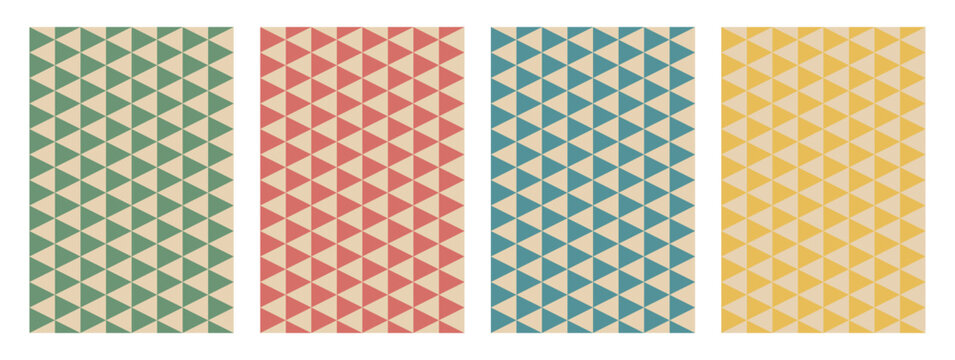 Seamless pattern set, triangles, rhombus, trendy vintage colors, simple design, minimalistic style, geometric ornament decorative background, package paper, wallpaper, vector illustration.