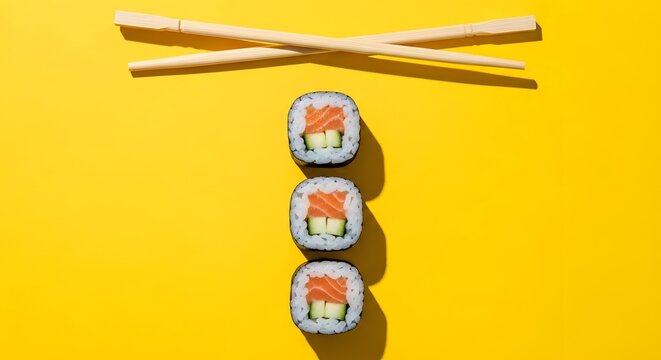 Three pieces of salmon sushi rolls arranged vertically with wooden chopsticks crossed above them, set against a vibrant yellow background with strong shadows