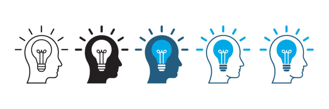 Creative thinking icon set, human head with light bulb symbol, good idea innovation brain power thinking problem solving vector
