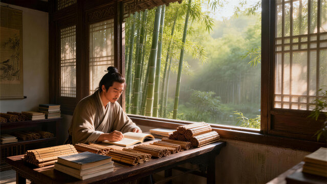 Scholar in the Study: A scholar immersed in thought, absorbed in his scholarly work within a tranquil study, light streams in through a large window overlooking a lush bamboo forest. 