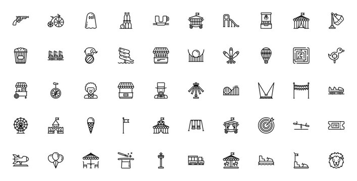 Amusement Park icon set. Lineal vector collection featuring roller coaster, ferris wheel, carousel, clown, popcorn, ghost, tickets, balloons and more. Editable stroke.