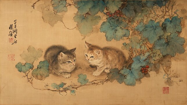 Two playful kittens garden Japanese painting light brown background Chinese brushwork style delicate details rich colors intricate
