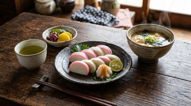 A plate of sliced kamaboko fish cake with daikon radish and lime, alongside miso soup, green tea, and a small dish of pickles.