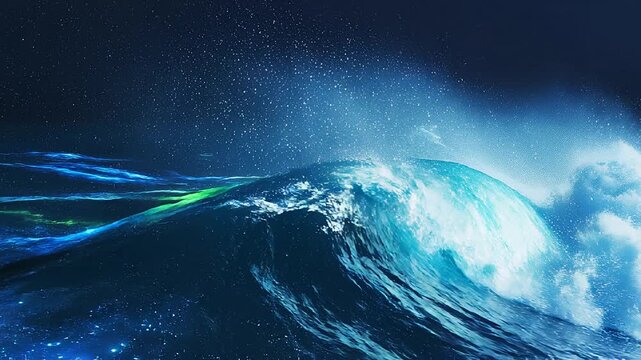 Glowing ocean waves crashing at night with phosphorescence