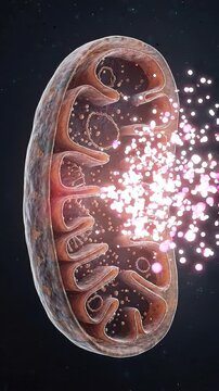 Mitochondria powerhouse cellular energy atp production organelle structure biology science 3D render showing cristae and glowing detail for cellular atp energy production in biology science