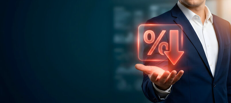 Businessman holding red holographic percentage symbol with downward arrow representing falling interest rates economic decline and discount pricing