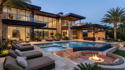 Fototapeta premium Luxury modern mansion exterior with pool and fire pit at twilight. Upscale real estate, stone and glass design.