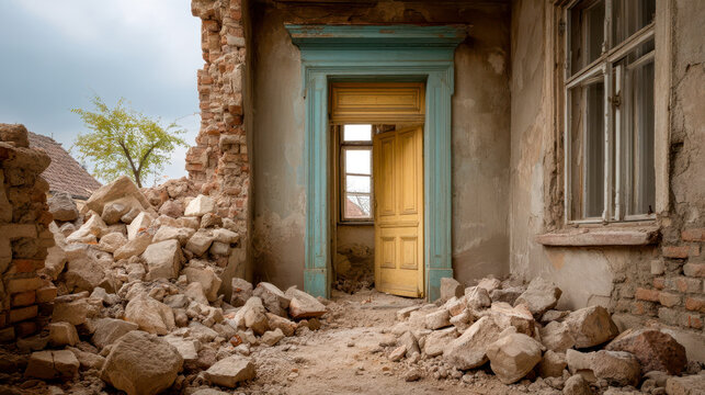 Interior of a destroyed historic house with rubble and collapsed walls, aftermath of a natural disaster, ruins of an abandoned building