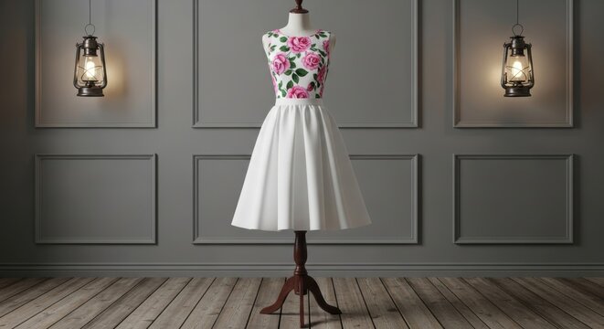 Elegant floral bodice and white skirt on mannequin in vintage room