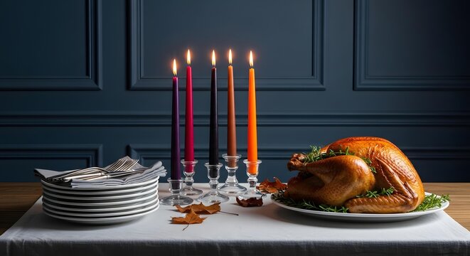 Festive thanksgiving or holiday dinner table setting with roasted turkey and lit taper candles against dark blue paneled wall
