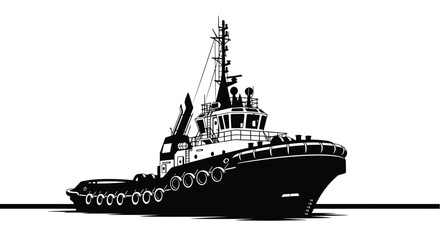 Black and white illustration of a powerful tugboat on the water © MdEmran