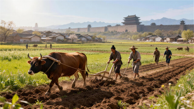 Ancient Farming Harmony: Farmers use old method in a traditional agricultural setting, oxen pulling a plow through a field, the scene framed by a historic fortress and a bright sky.