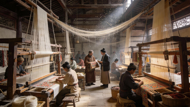Silk Weavers at Work: Inside a traditional workshop, artisans meticulously weave silk, bathed in soft light, showcasing the time-honored craft and intricate details of a bygone era.