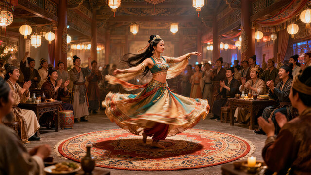 Enchanting Dance Performance: A captivating performer twirls gracefully, captivating an audience in a vibrant cultural setting. The dance tells a story.