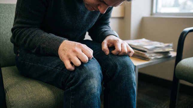 Person pressing knee in anxiety close up scene .stress tension nervous behavior and emotional discomfort in everyday human moment concept.