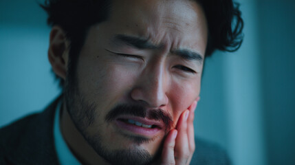 Naklejka premium Deep Distress: Capturing the visceral moment of a man grappling with intense pain, his expression etched with a raw display of discomfort and suffering.