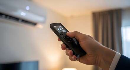 Fototapeta premium Using Remote Control to Set Air Conditioner Temperature for Sleep Comfort