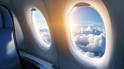 Fototapeta premium The interior of an airplane with a view of clouds and sky through the windows
