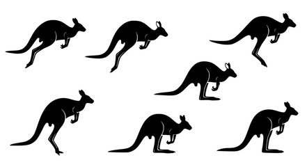 Dynamic Kangaroo Silhouette Set Jumping Poses Wildlife Vector Illustration © Md