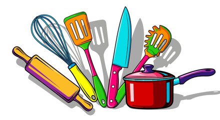Vibrant Pop Art Style Colorful Kitchen Utensils and Pot © haris