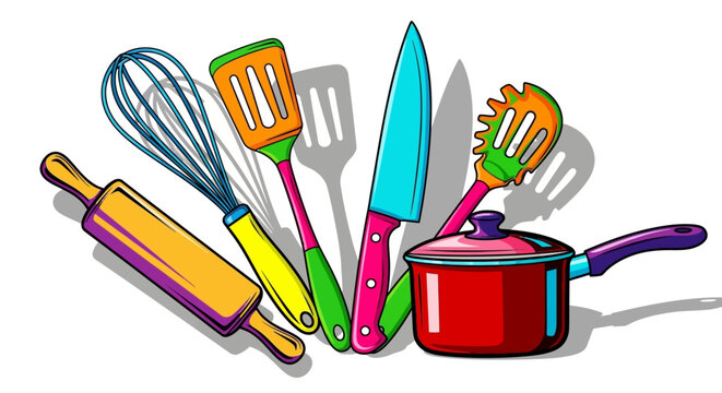Vibrant Pop Art Style Colorful Kitchen Utensils and Pot