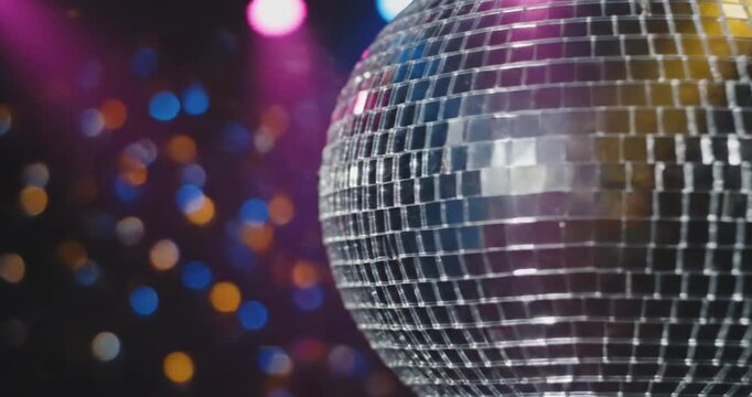 Glittering disco ball reflecting colorful lights at a lively dance party with vibrant atmosphere