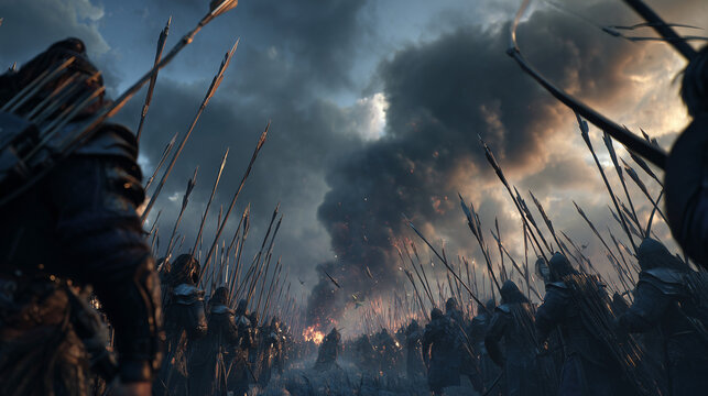 Battle Formation: A dramatic depiction of an ancient battlefield, where warriors stand poised in anticipation. A moment captured on the brink of battle.