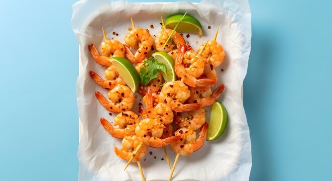 Delicious grilled shrimp skewers with lime wedges served on white paper on a light blue background