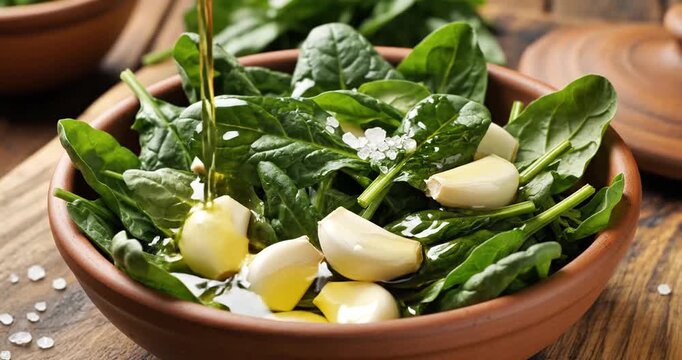 Fresh spinach salad with garlic cloves drizzled with olive oil on a rustic wooden table