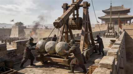 Fototapeta premium Ancient Siege Warfare: A historic scene unfolds as medieval soldiers operate a formidable trebuchet, preparing to launch projectiles at a fortified city.