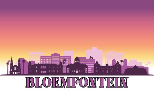 Global city Bloemfontein shown in a detailed vector skyline with a twilight sky	