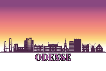 Obraz premium Global city Odense shown in a detailed vector skyline with a twilight sky 