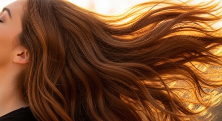 Fototapeta premium Close up of a womans long, flowing auburn hair in the sunlight