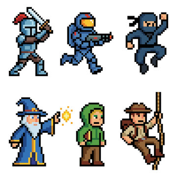 Collection of retro pixel art characters in various action poses