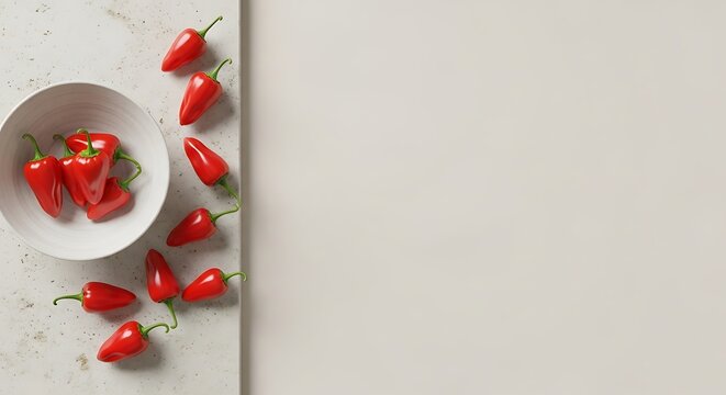 Aji dulce peppers arranged in a minimalist white bowl and scattered on a stone textured surface with a large clean copy space for culinary text branding.